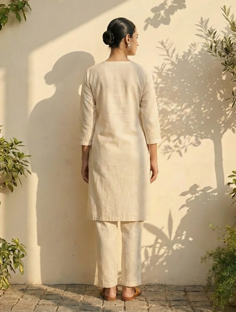 ترو برونز trueBrowns Off-White Black Embroidered Kurta Co-Ord Pant Set